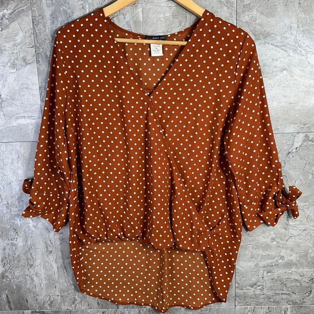Brown and white polka dot blouse with 3/4 sleeves and‎ V-neck Woman's Medium